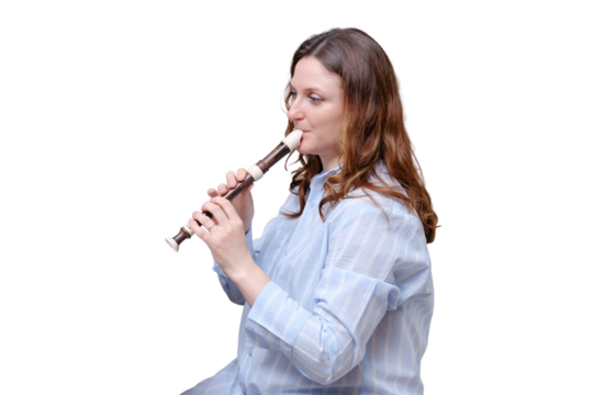 Portrait of an adult female musician in blue clothes, isolated on a white background