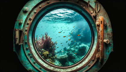 View of underwater life through the window of a submarine - generative AI - obrazy, fototapety, plakaty
