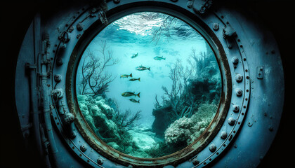 View of underwater life through the window of a submarine - generative AI