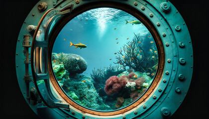 View of underwater life through the window of a submarine - generative AI