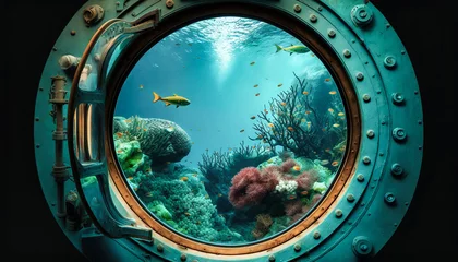 Fotobehang View of underwater life through the window of a submarine - generative AI © Uolir