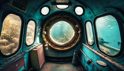 View of underwater life through the window of a submarine - generative AI - obrazy, fototapety, plakaty