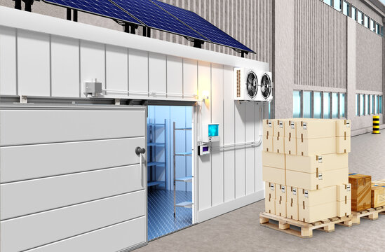Industrial refrigeration equipment. Freezing block for enterprise. Pallet with boxes near refrigerated container. Industrial freezing technologies. Refrigerated warehouse with solar panels. 3d image.