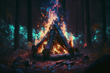 bonfire in the forest at night, neon style, close-up, portrait, bright background, nature background, high quality, high detail, 8k, Generative AI