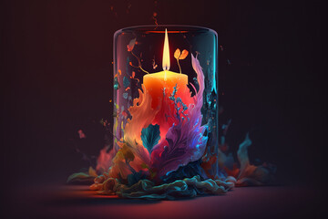 lit candle, neon style, close-up, portrait, bright background, nature background, high quality, high detail, 8k, Generative AI