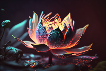 Naklejka na ściany i meble Lotus flower, neon style, close-up, portrait, bright background, nature background, high quality, high detail, 8k 2, Generative AI