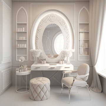 chambre, manucure nail, accessoire de beauté, mirroire, mur blanc, UX, 8K, 3D, haute qualite, beige light and white, Generative AI