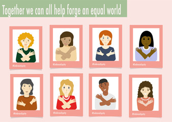 Multi ethnic group of people portraits #EmbraceEquity Give equity a huge embrace. International Women's Day 2023 Embrace equity. Equal opportunities are no longer enough Vector illustration.  Isolated