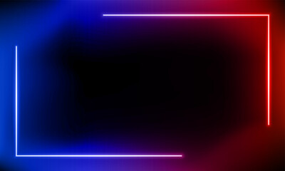 Abstract colorful neon background with red blue gradient. 3d render. Panoramic shine backdrop. Lights rectangular line, luminous rays. Motion simple geometric shape. Blank banner. Vector illustration