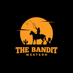 Cowboy Riding Horse Silhouette at Night logo