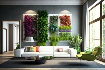 Wall of Plants in Contemporary Living Room,. Generative AI