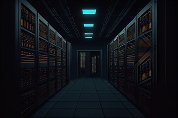 The server room of the data center is filled with communication wires by generative AI