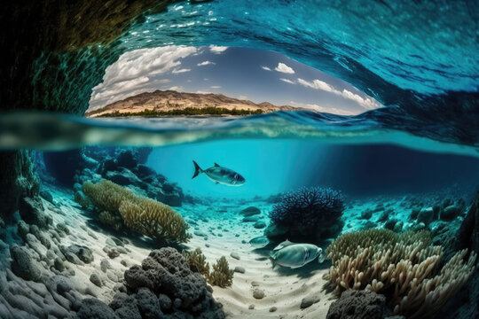 Underwater in Hawaii, there is a tropical blue ocean with white sand and stones. an oceanic backdrop, generative AI