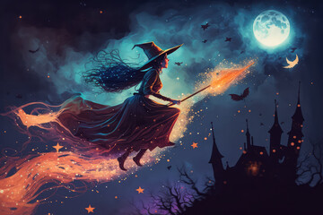 A witch flying on a broomstick, with bats accompanying her in front of the full moon. Digital painting. (ai generated) - obrazy, fototapety, plakaty