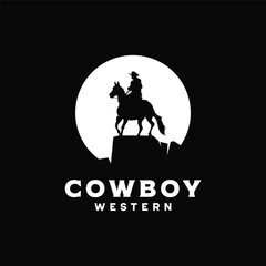 Cowboy Riding Horse Silhouette at Night logo