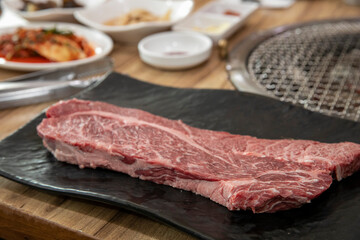 Fototapeta premium South Korea food. raw beef saddle meat