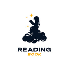 Vector little girl reading book on cloud logo template design