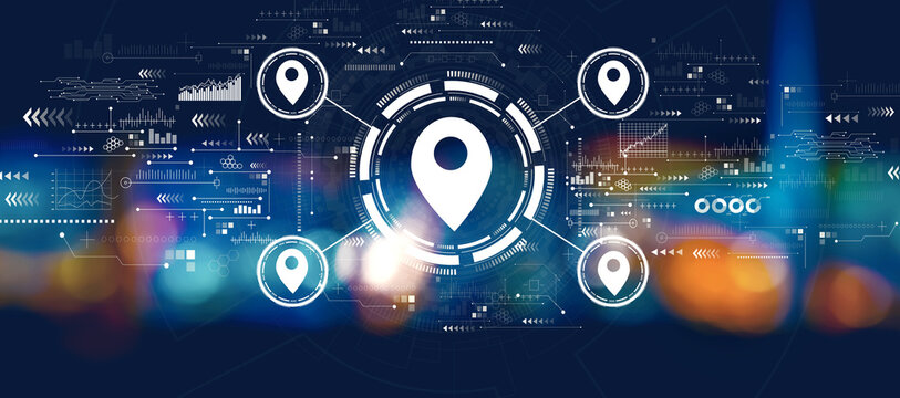 Map pin concept with blurred city lights at night