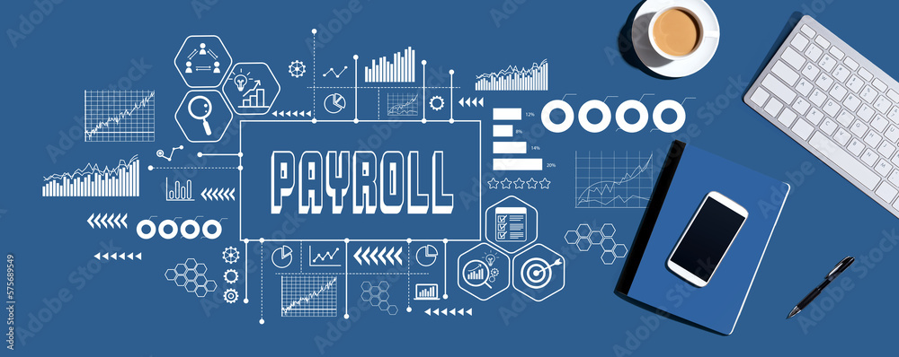 Poster payroll theme with a computer keyboard and office items