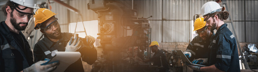 Industrial engineers inspect and perform maintenance on the machines at factory machines. Worker...