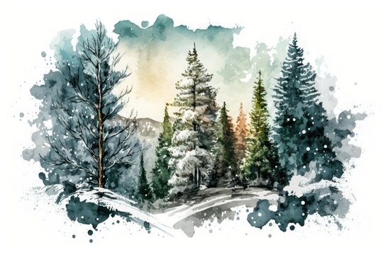 Watercolor illustration of a snowy rural landscape populated by conifer trees, perfect for use as a Christmas card or festive backdrop. Generative AI