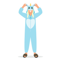 girl or woman in pajamas (unicorn kingurumi). Flat vector illustration.