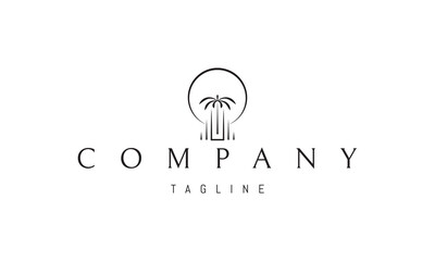 Vector logo on which an abstract image of a palm tree against the background of columns and the sun.