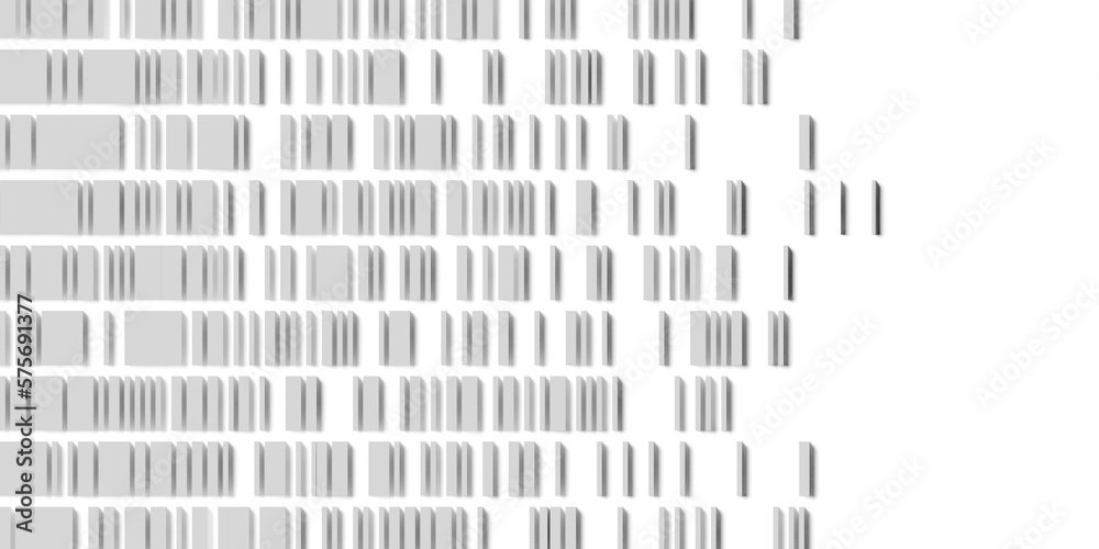 Poster rows of white and grey random scaled cubes or boxes array on white background fading out, abstract m