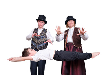 Magicians levitated a boy in the air, circus performers, isolated on a white background