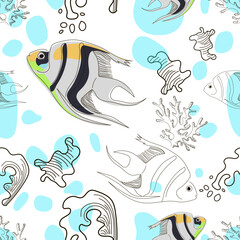 Seamless pattern of fish, corals and waves in line and doodle style. Marine pattern. Vector illustration