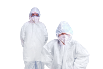 Two doctors in white paramedic uniforms isolated on a white background
