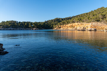 Cala Salada, on the island of Ibiza, with the turquoise beach, without people on a sunny day.