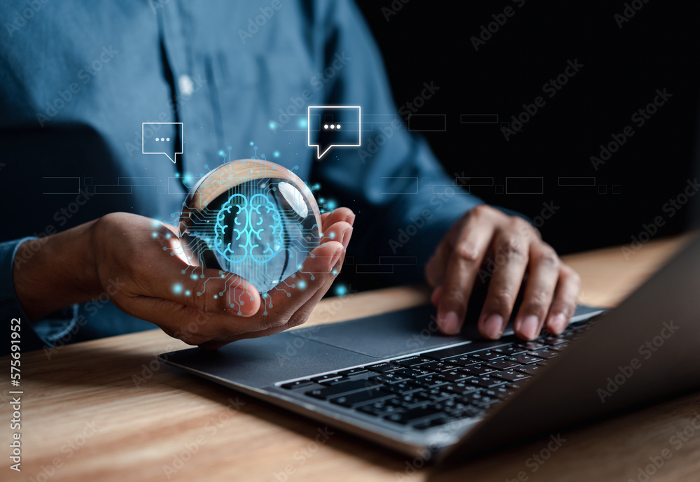 Poster Chat bot intelligence Ai. Businessman using chat in smartphone Chat with AI Artificial Intelligence, developed by OpenAI generate. Futuristic technology, robot in online system...