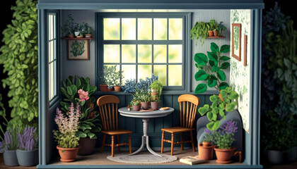 Fototapeta na wymiar Miniature Dollhouse Diorama Garden Room with Plants