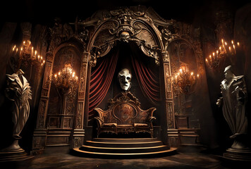 stage for a broadway play musical with sofa and mask, throne, opera, generative ai