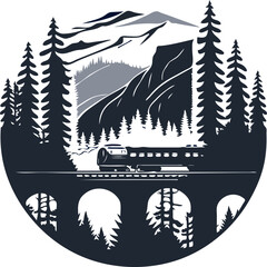 Vector illustration of a Black silhouette of locomotive, a train  on an large old arched bridge on a railway in a mountain landscape in shape of circle logo