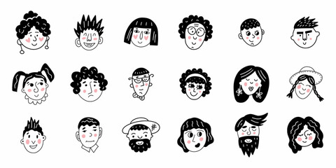 Vector set of different people's faces drawn by hand in doodle style