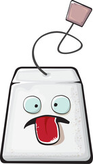 Cartoon tea bag characters isolated on white background. Funky paper tea bag character with eyes and mouth. Vector white teabag with clip art, emoji, label and sticker