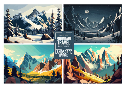 Wild natural landscape with mountains. Beautiful geometric illustration.
