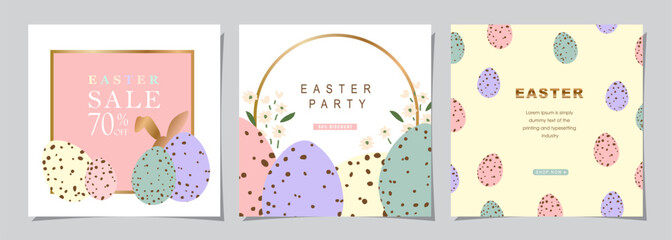 Happy Easter Set of Sale banners, social media, greeting cards, posters, holiday covers. Trendy design with typography, hand painted plants, eggs and bunny, in pastel colors. banner background.