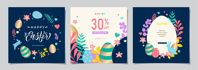 Happy Easter Set of Sale banners, social media, greeting cards, posters, holiday covers. Trendy design with typography, hand painted plants, eggs and bunny, in pastel colors. banner background.