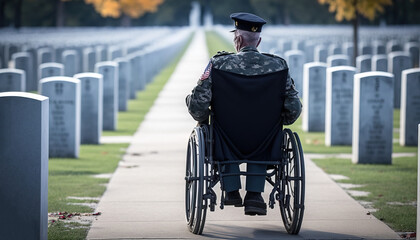 A military veteran in a wheelchair, at a military cemetery, honors the memory of fallen colleagues. generative AI - obrazy, fototapety, plakaty