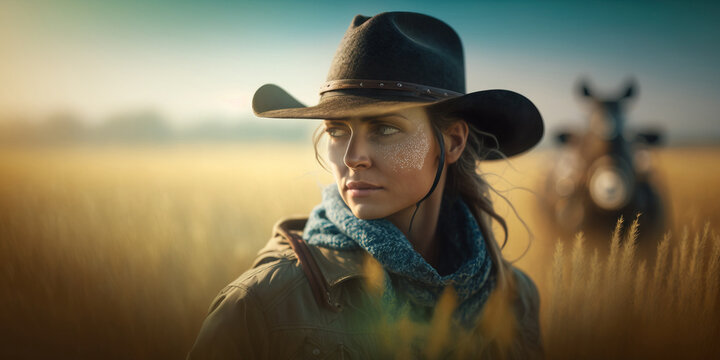 Portrait woman farmer in cowboy hat. generative AI