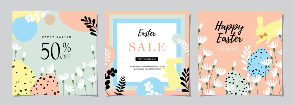 Happy Easter Set of Sale banners, social media, greeting cards, posters, holiday covers. Trendy design with typography, hand painted plants, eggs and bunny, in pastel colors. banner background.