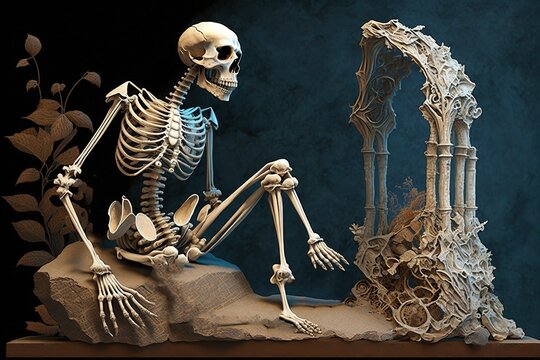 Portrait of sitting skeleton, lazy day. Generative AI