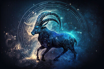 Capricorn zodiac sign against space nebula background. Astrology calendar. Esoteric horoscope and fortune telling concept, created with Generative AI