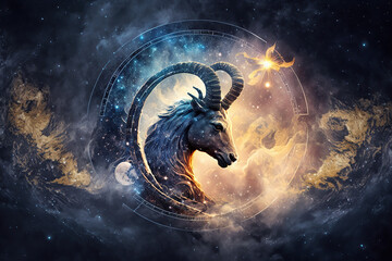 Capricorn zodiac sign against space nebula background. Astrology calendar. Esoteric horoscope and fortune telling concept, created with Generative AI