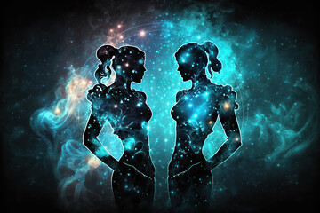 Obraz na płótnie Canvas Gemini zodiac sign against space nebula background. Astrology calendar. Esoteric horoscope and fortune telling concept, created with Generative AI