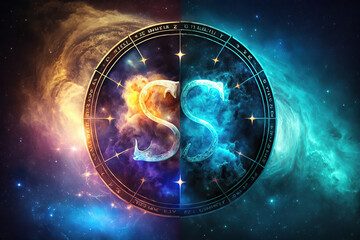 Obraz premium Gemini zodiac sign against space nebula background. Astrology calendar. Esoteric horoscope and fortune telling concept, created with Generative AI