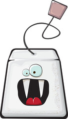 Cartoon tea bag characters isolated on white background. Funky paper tea bag character with eyes and mouth. Vector white teabag with clip art, emoji, label and sticker